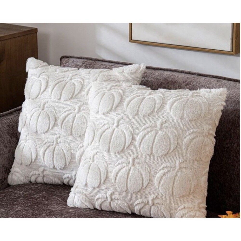 Set of 4 White Throw Pillow Covers, 18 x 18 inches, Fall themed, pumpkin Pattern